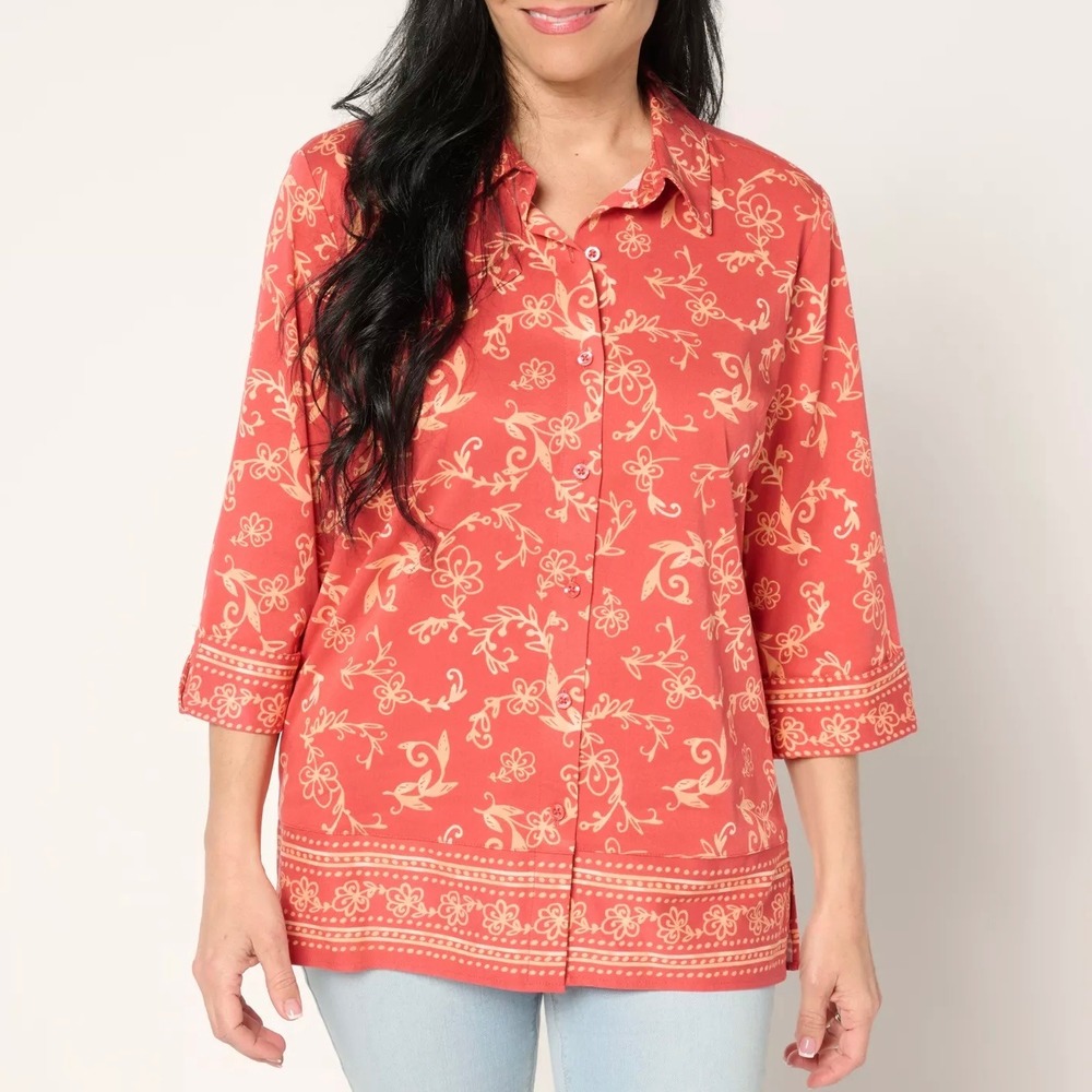 Denim & Co Placed Print Button‎ Front
Tunic Top Sz 1X Red Floral Vine Boho Comfy
